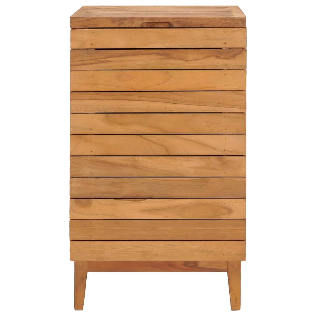 Solid teak wood laundry basket with slatted sides, hinged lid, and short legs.
