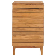Solid teak wood laundry basket with slatted sides, hinged lid, and short legs.
