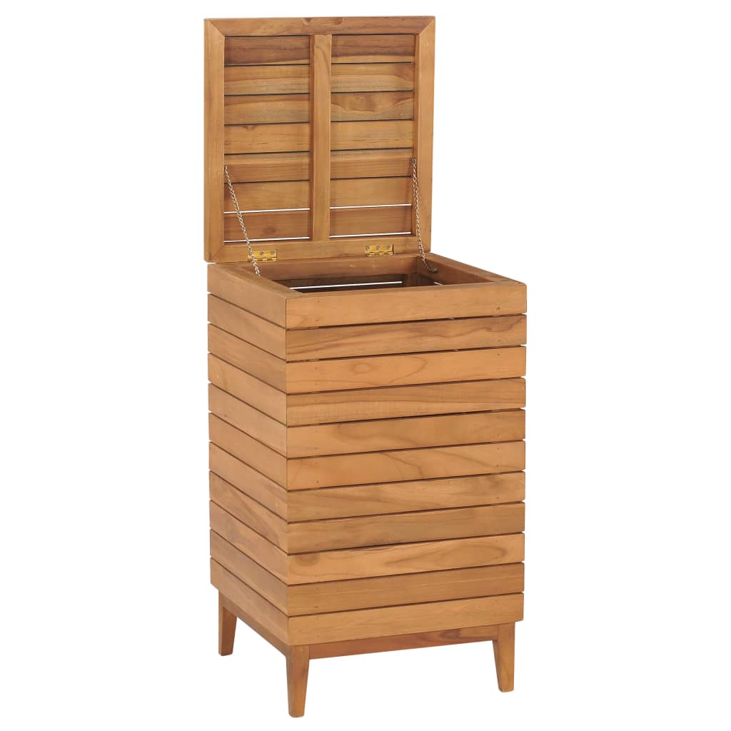 Open-top solid teak wood laundry basket with slatted sides and hinged lid on legs.