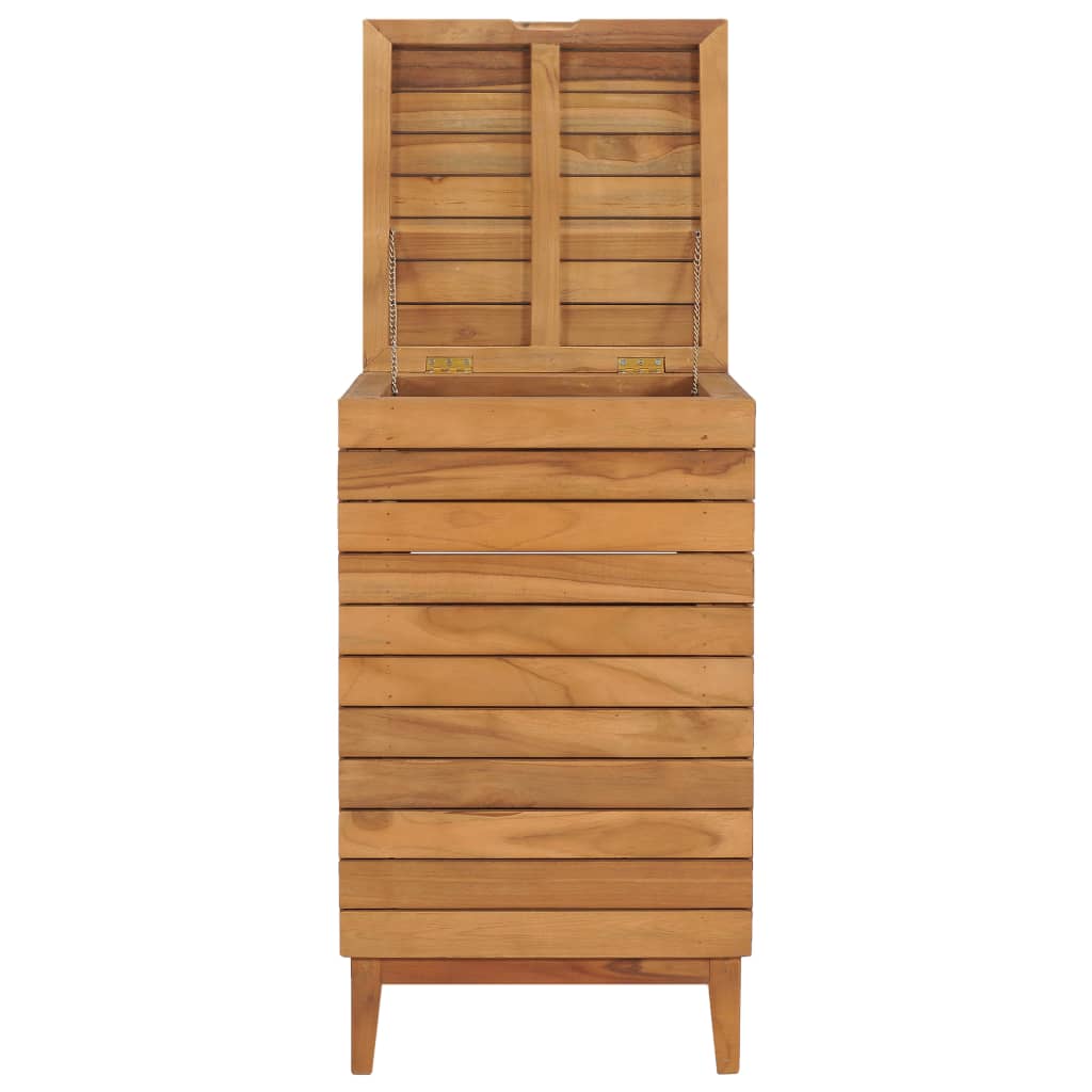 Solid teak wood laundry basket with slatted sides, open lid, and tapered legs.