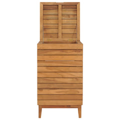 Solid teak wood laundry basket with slatted sides, open lid, and tapered legs.