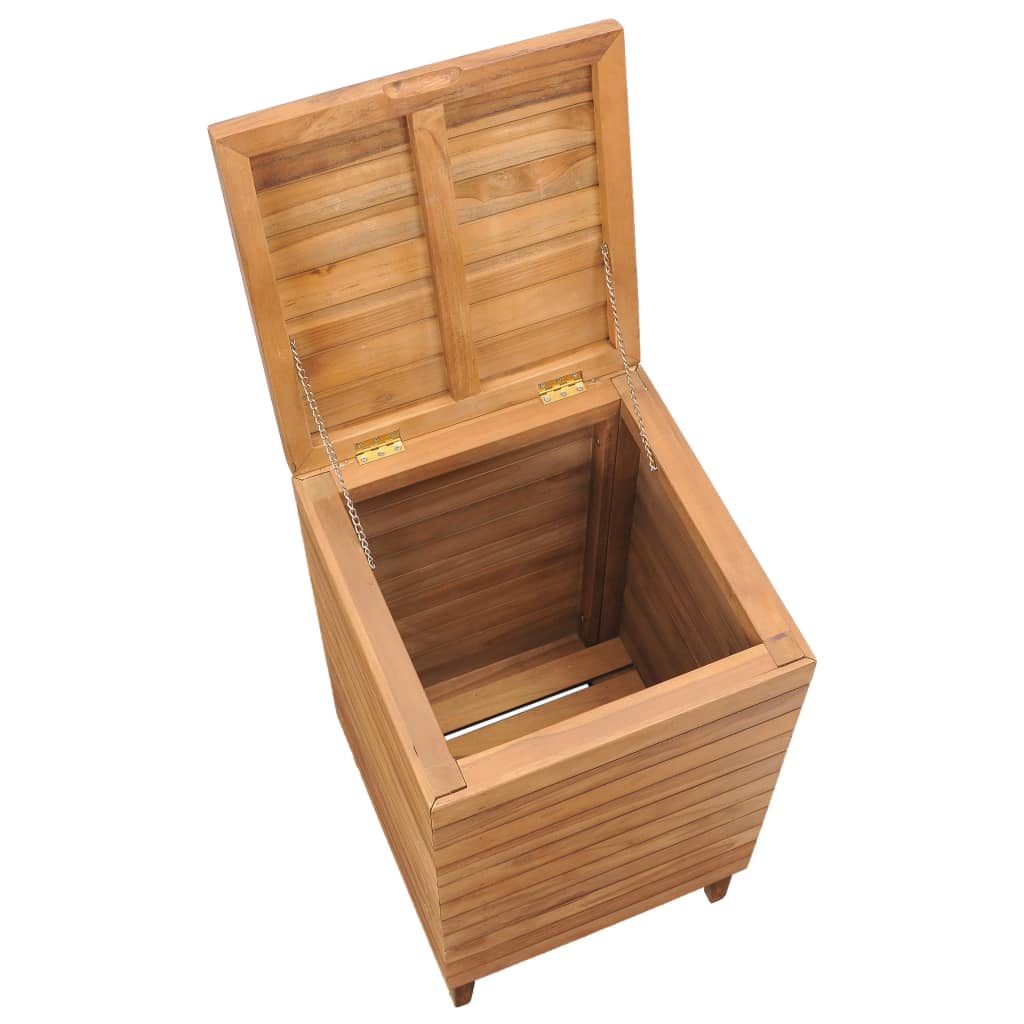 Open-top solid teak wood laundry basket with slatted sides and hinged lid.