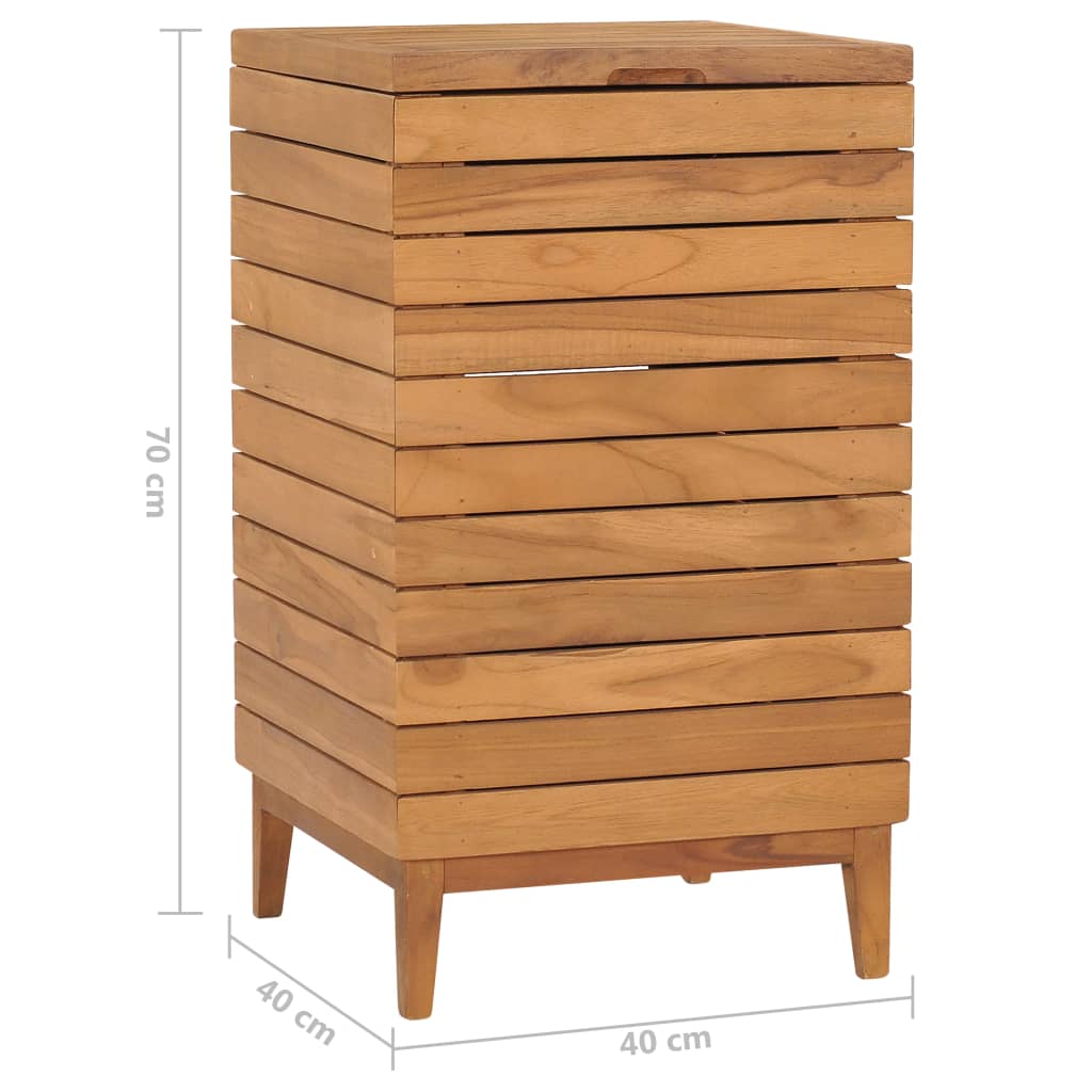Solid teak wood laundry basket with slatted sides, hinged lid, and dimensions 40x40x70 cm.