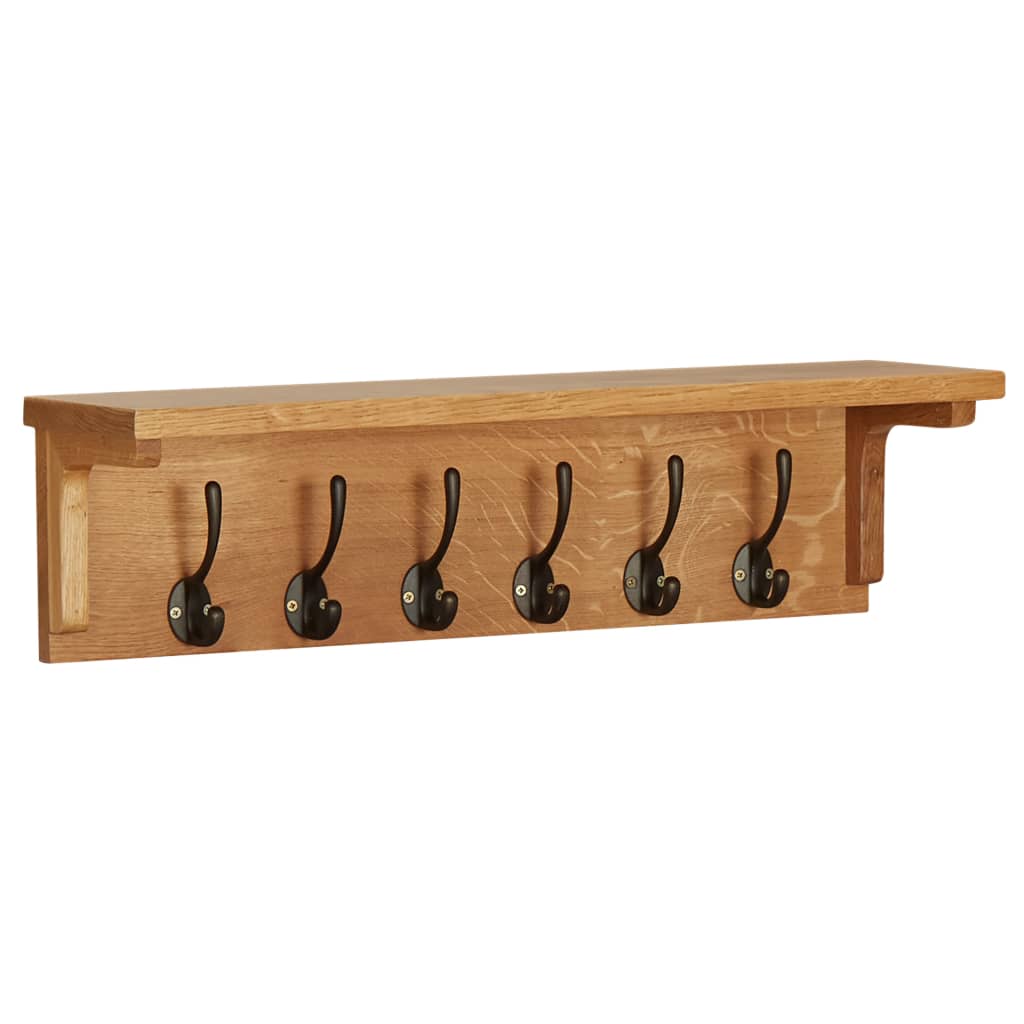 Solid oak wood coat rack with six hooks, measuring 23.6 by 6.3 by 6.3 inches.