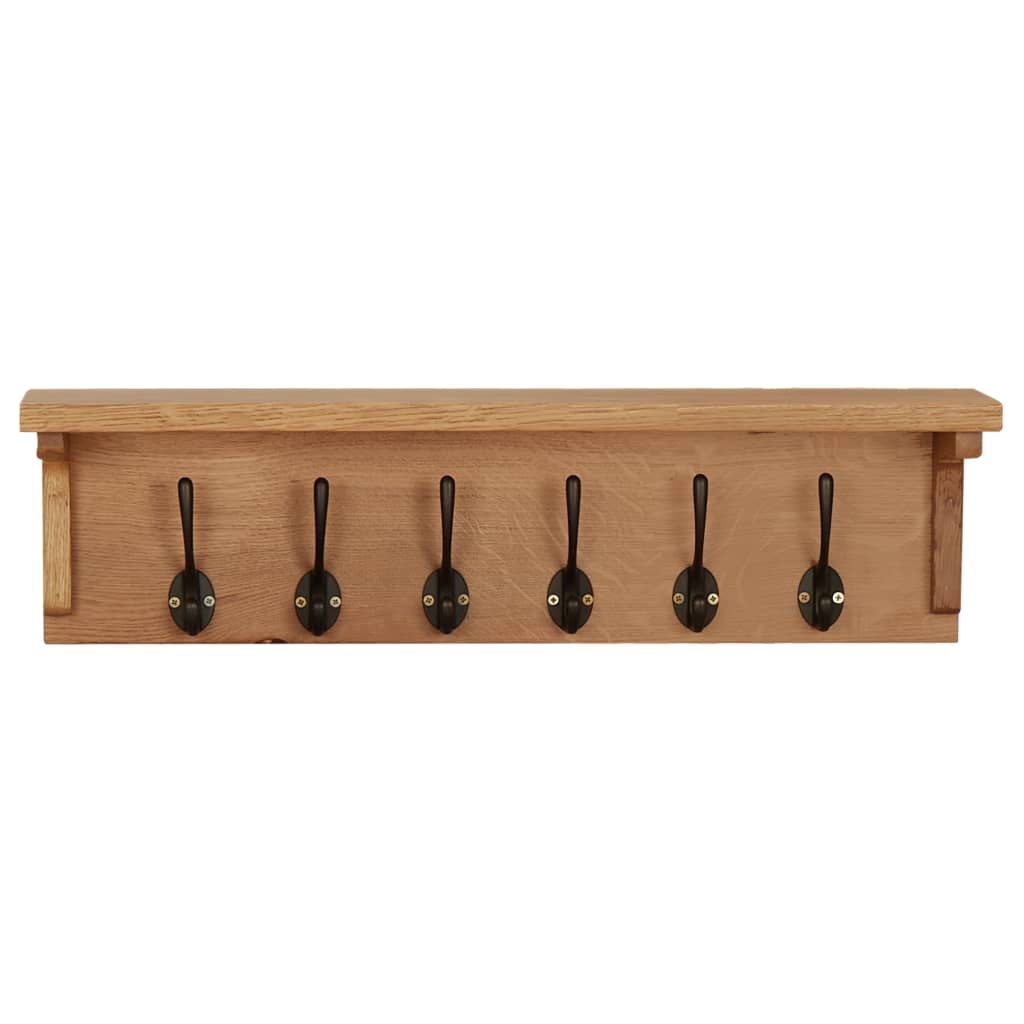 Solid oak wood coat rack with six black hooks, measuring 23.6 by 6.3 by 6.3 inches.