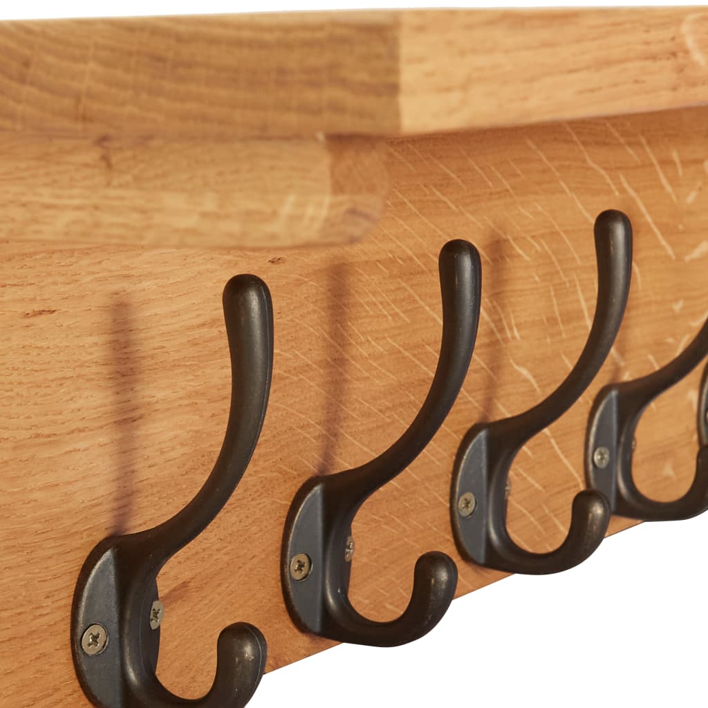 Solid oak wood coat rack with six black hooks, measuring 23.6 by 6.3 by 6.3 inches.