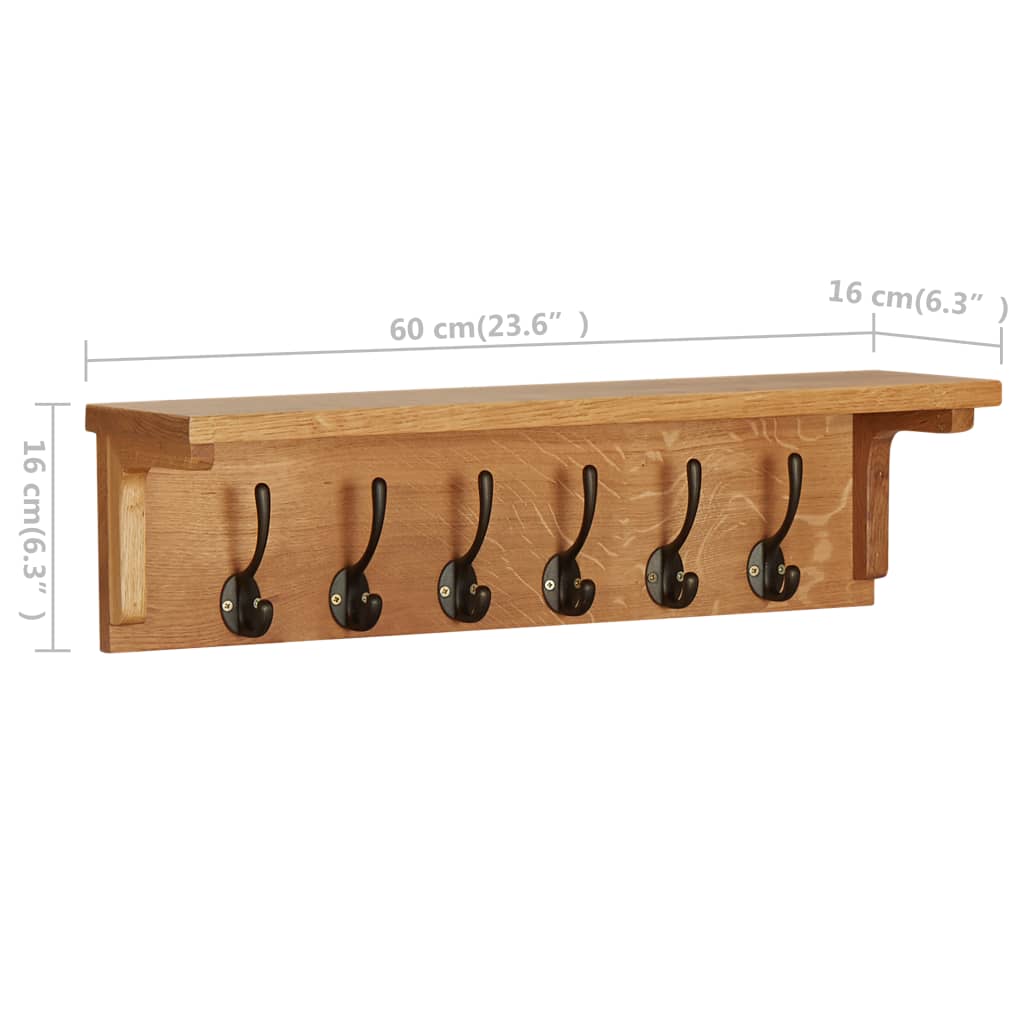 Solid oak wood coat rack with six black hooks, measuring 23.6 by 6.3 by 6.3 inches.