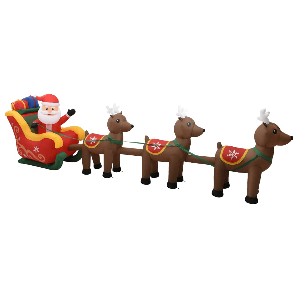 Inflatable multicolor Santa and three reindeer decoration with LED lights.