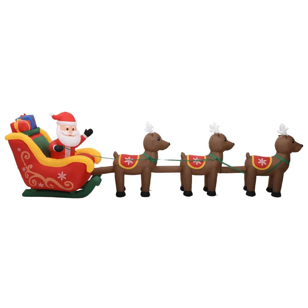 Inflatable multicolor Santa and reindeer decoration with LED lights.