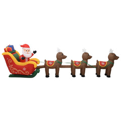 Inflatable multicolor Santa and reindeer decoration with LED lights.