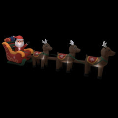 Inflatable multicolor LED Santa and three reindeer decoration.