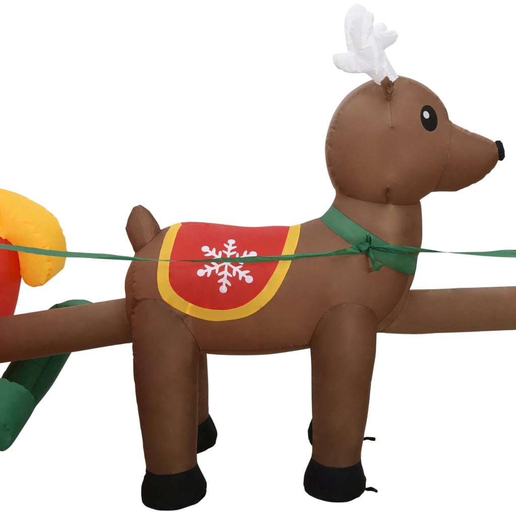 Inflatable multicolor LED Santa and reindeer decoration with fabric panels.