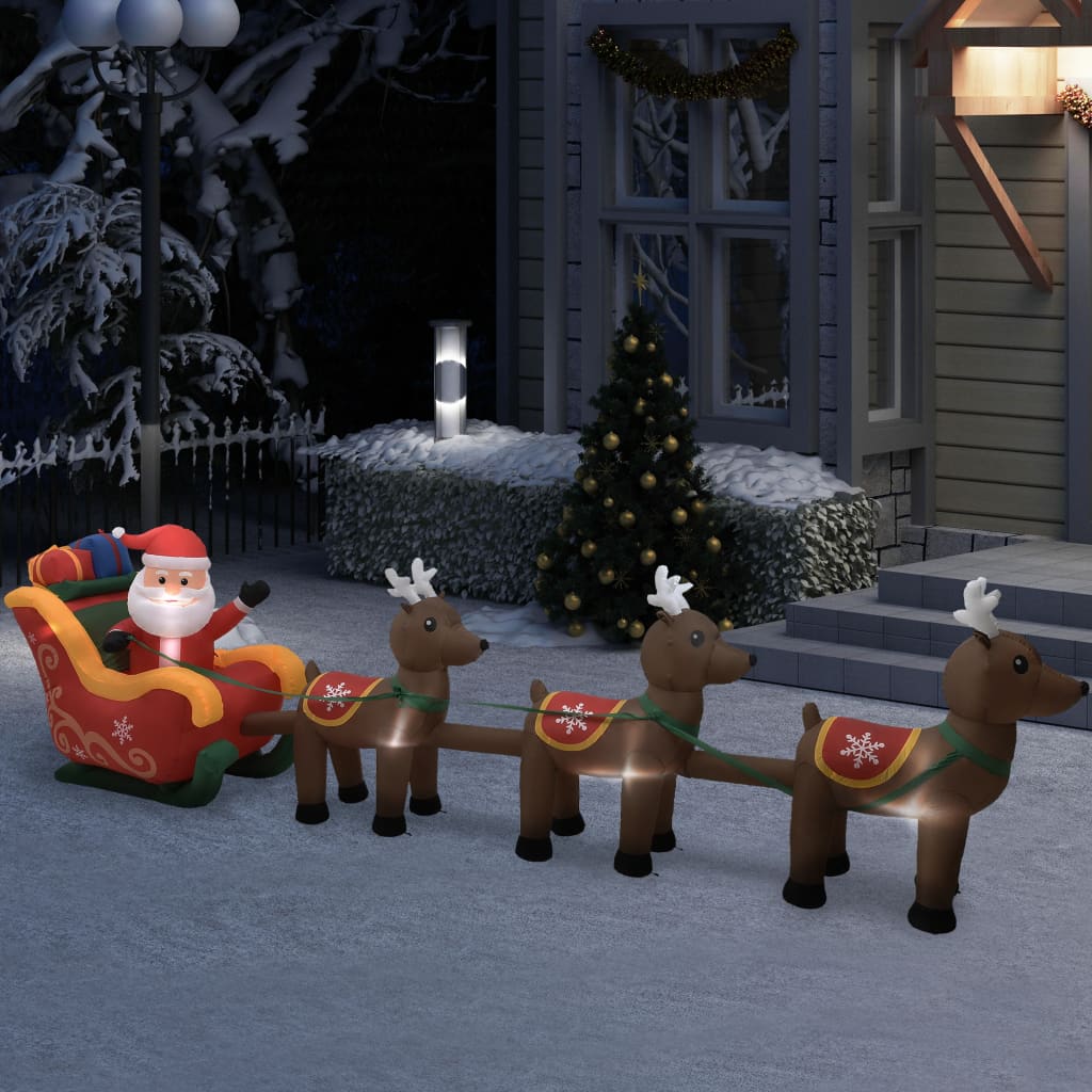 Inflatable Santa in red sleigh pulled by three reindeer, multicolor LED lights, for yard decoration.