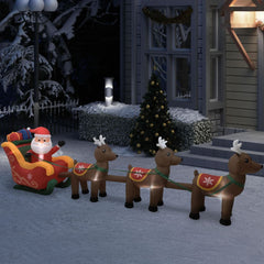 Inflatable Santa in red sleigh pulled by three reindeer, multicolor LED lights, for yard decoration.