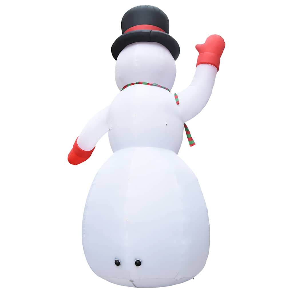 Rear view of a 236-inch inflatable snowman with black hat, red mittens, green scarf, and LED lights.