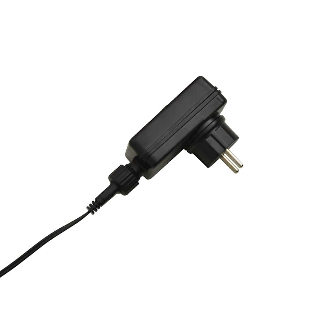 Black power adapter with EU plug and barrel connector for 12V LED system.