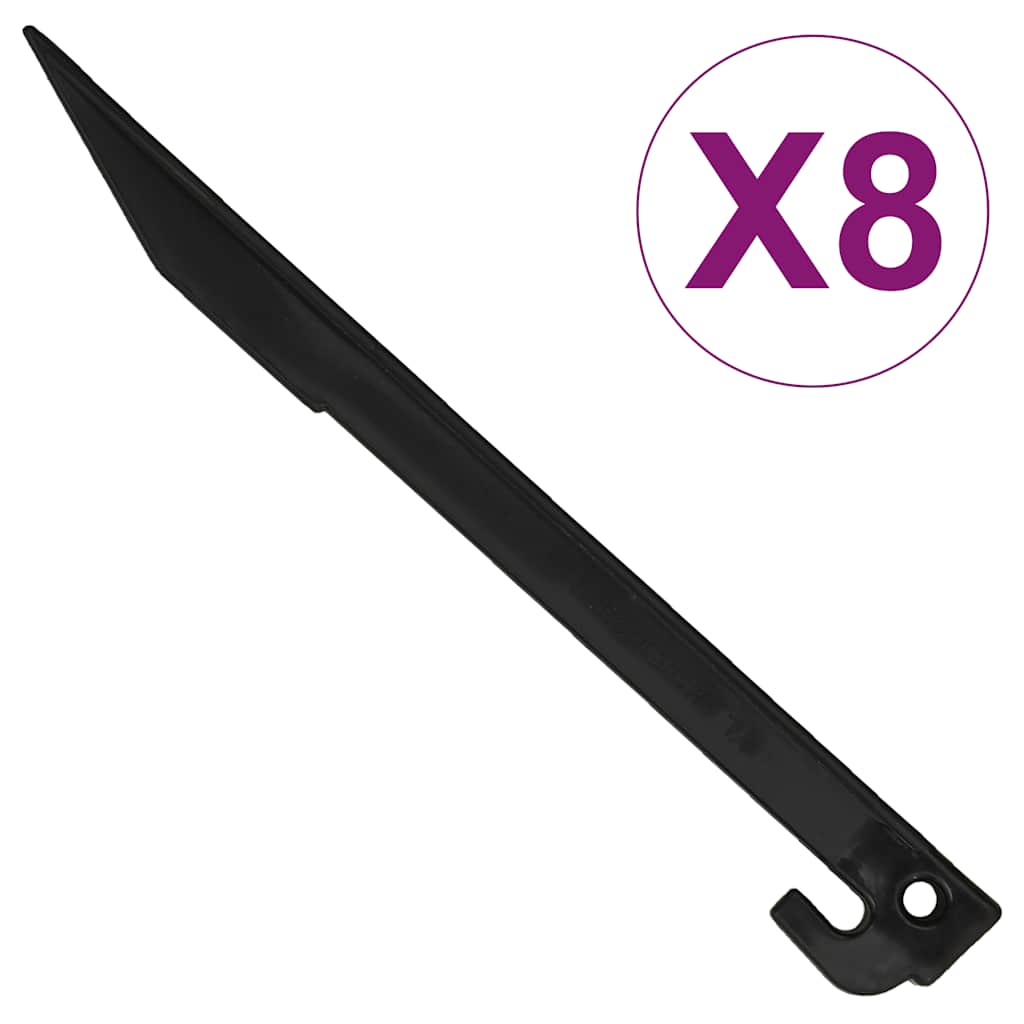 A black tent stake with a pointed end and hook, pack of 8.