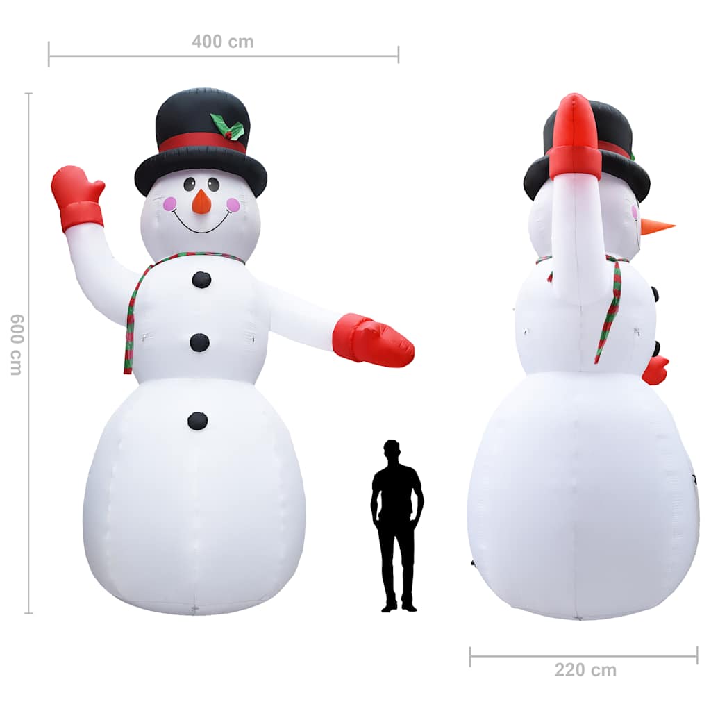 236-inch tall inflatable snowman with LED lights, shown front and back with size dimensions.