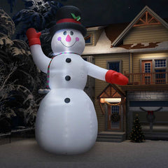 A 236-inch tall inflatable snowman with LED lights, waving arm, top hat, and scarf, displayed outdoors at night.