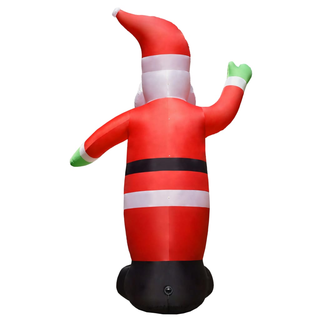 Rear view of a 14.8ft inflatable LED Santa Claus with red suit, white trim, and green gloves.