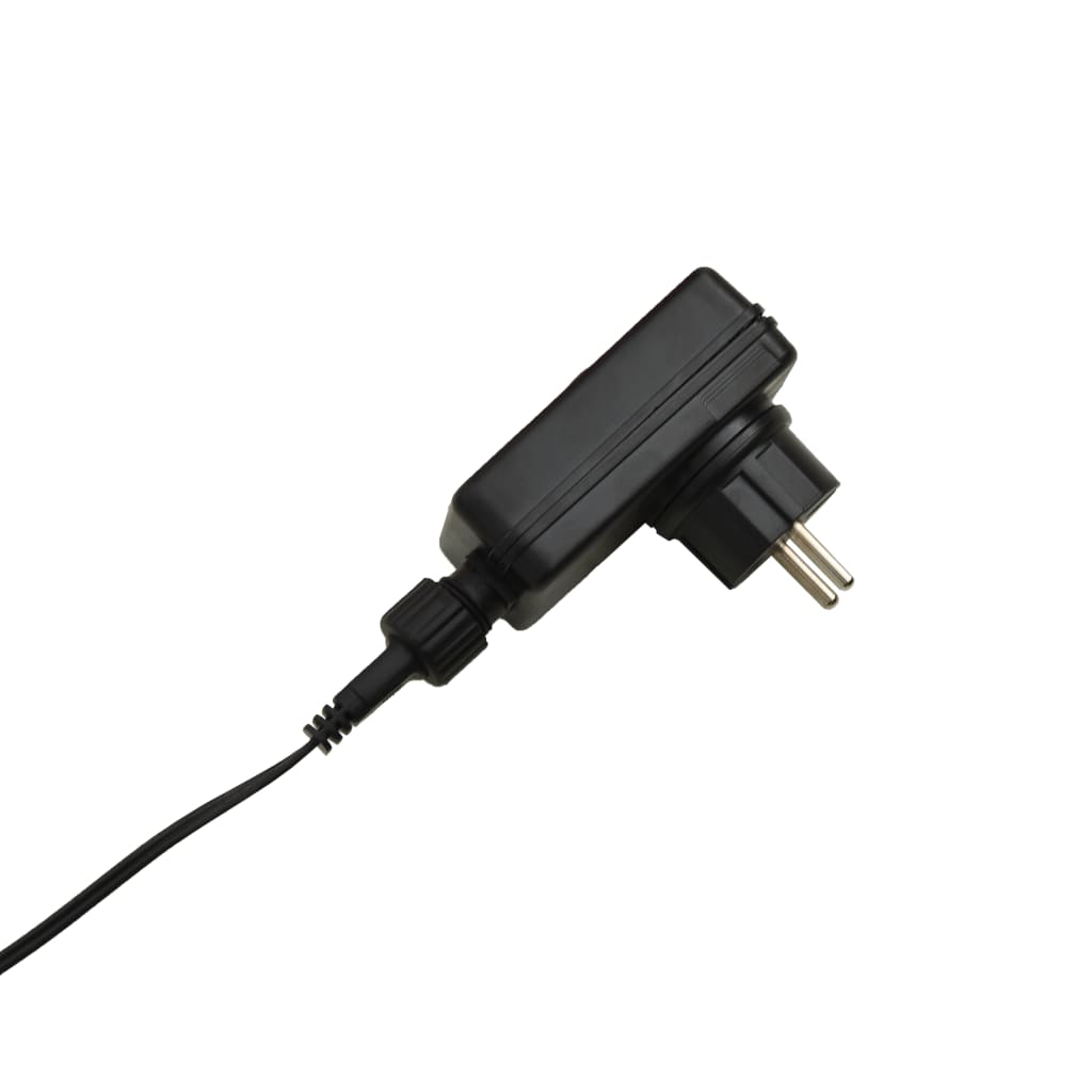 Black power adapter with European plug and barrel connector for outdoor LED decoration.