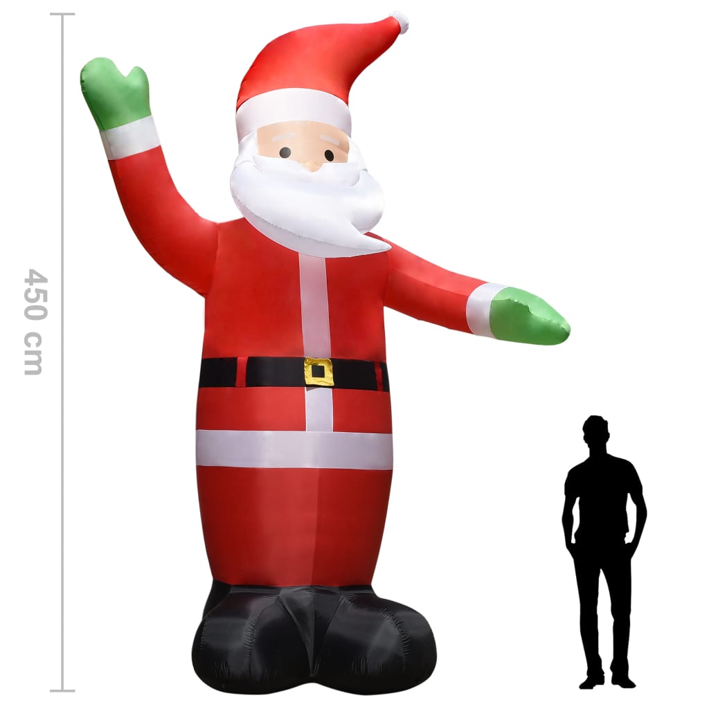 14.8ft inflatable LED Santa Claus with red suit, white beard, green gloves, and size comparison.