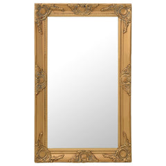 A rectangular gold baroque wall mirror with ornate carvings.