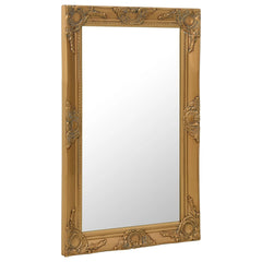 A rectangular gold baroque wall mirror with ornate detailing on the frame.