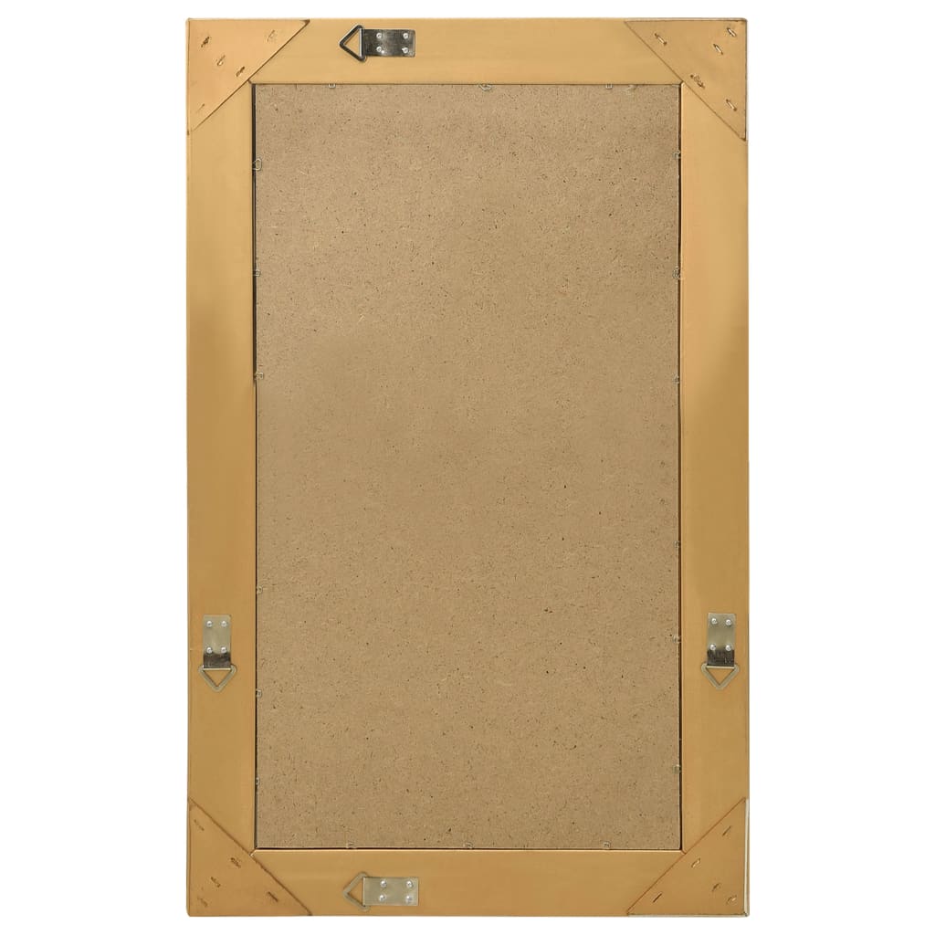 The back of a rectangular mirror with a gold frame and hanging hardware.