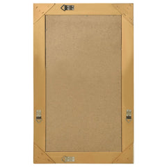 The back of a rectangular mirror with a gold frame and hanging hardware.