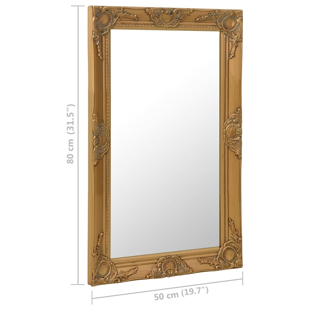 A rectangular gold baroque wall mirror measuring 19.7 by 31.5 inches.