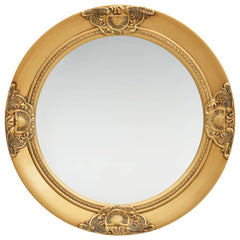 A 19.7-inch round gold baroque wall mirror with ornate frame and clear reflective surface.