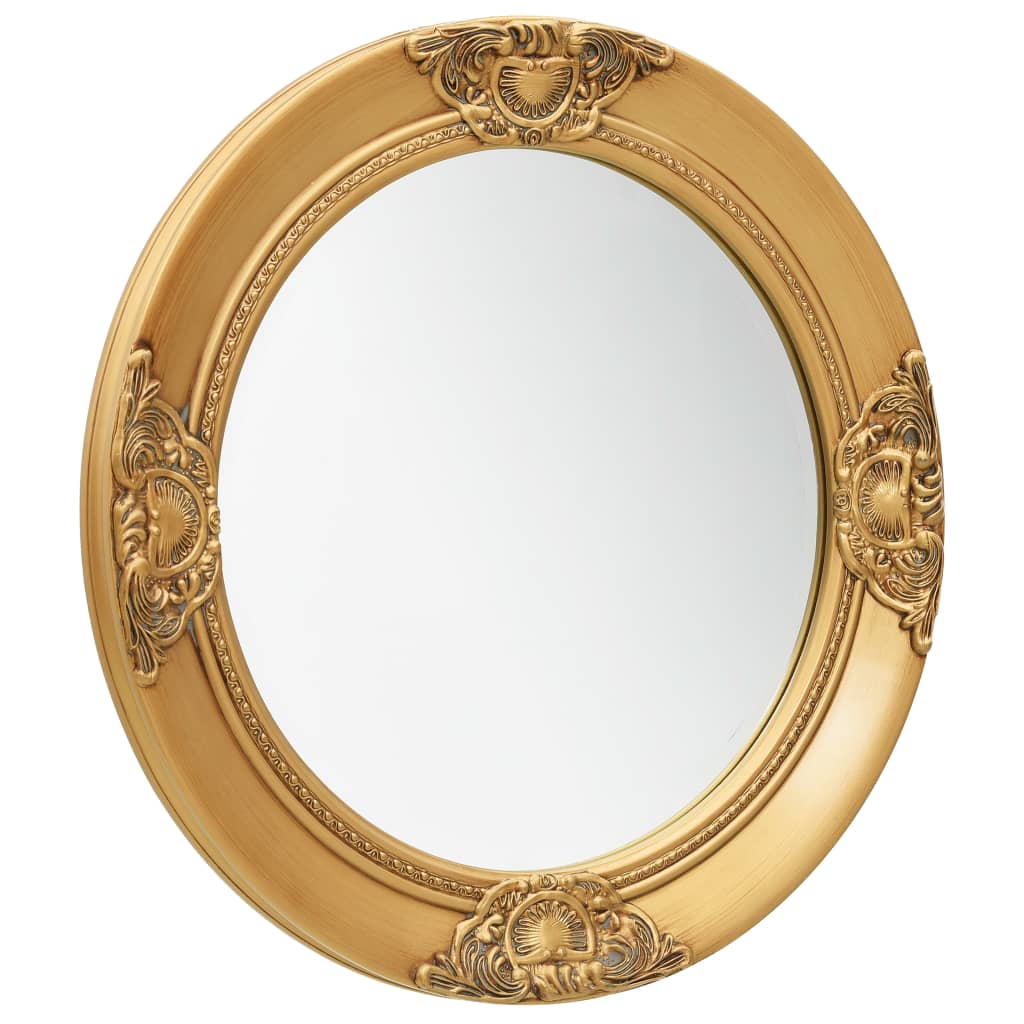 A 19.7-inch round wall mirror with ornate gold baroque frame.