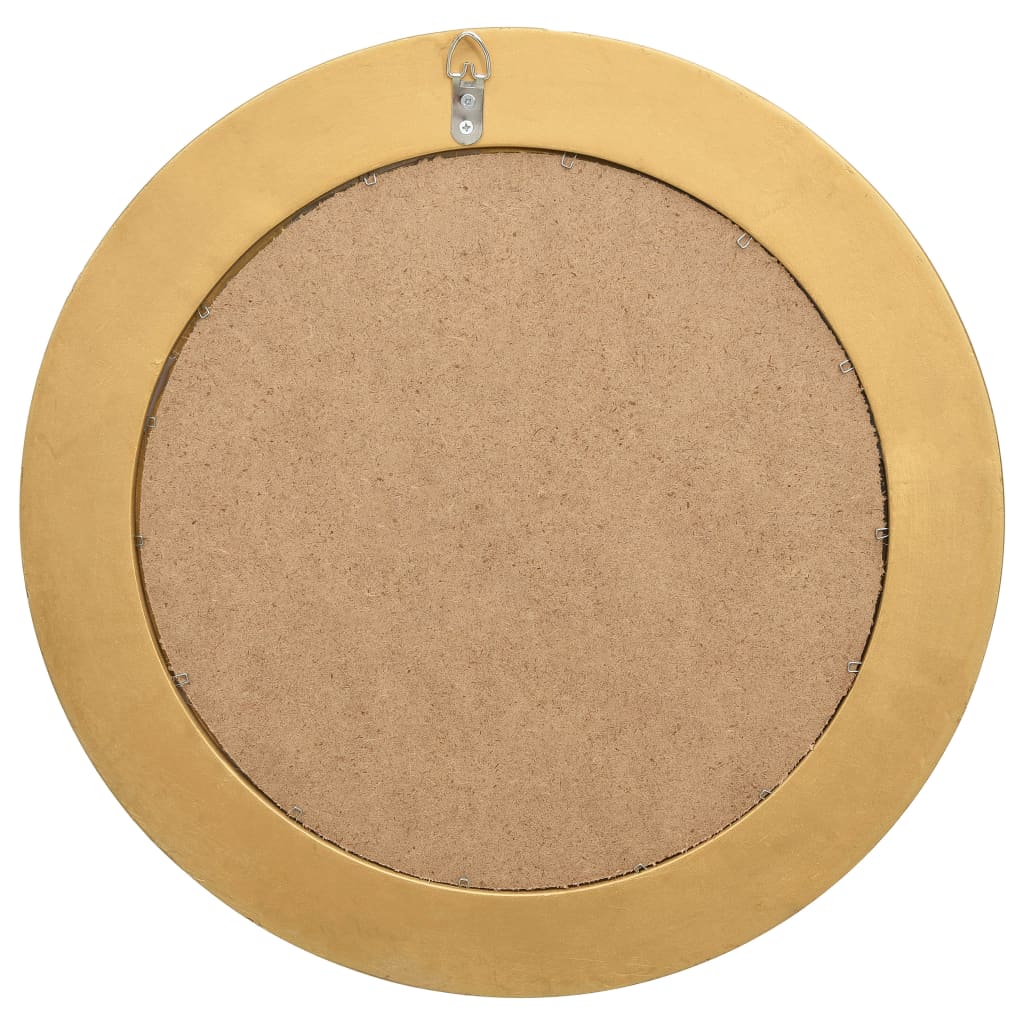 Back view of a 19.7-inch round gold baroque wall mirror with hanging hook.