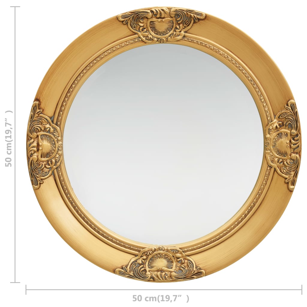 A 19.7-inch round gold baroque wall mirror with ornate frame.