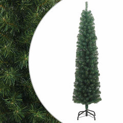 An 8 ft slim green PVC artificial Christmas tree on a black metal stand.