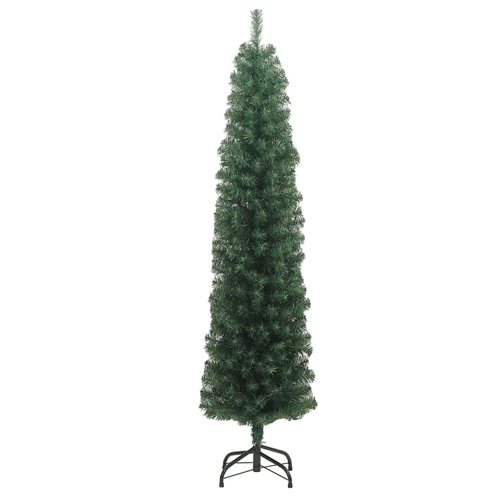 An 8 ft slim green PVC artificial Christmas tree on a metal stand.