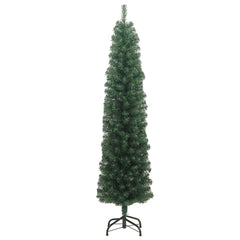 An 8 ft slim green PVC artificial Christmas tree on a metal stand.