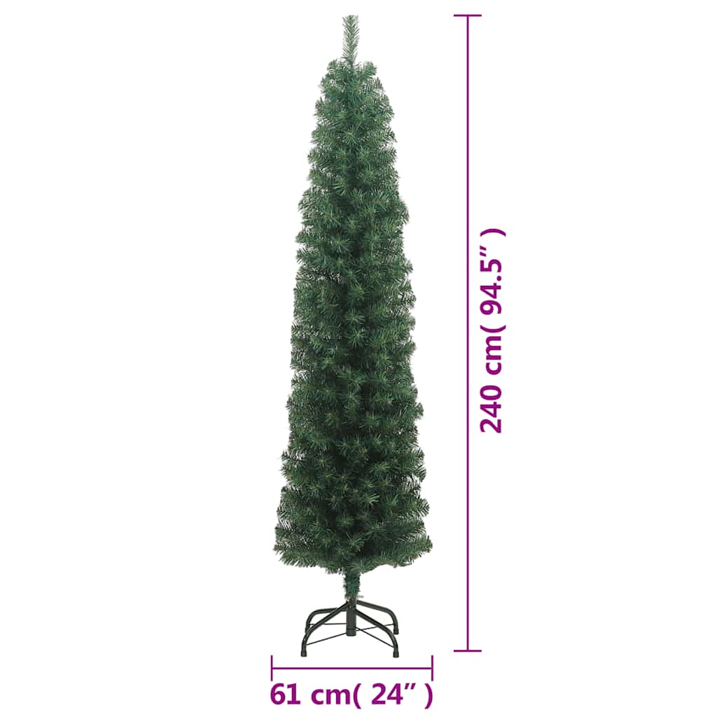 An 8-foot slim artificial Christmas tree in green PVC with a steel stand and height measurements.