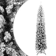 A 6 ft slim green artificial Christmas tree with flocked snow on PVC branches and a stand.