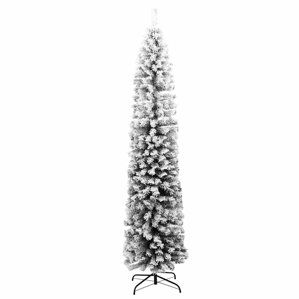 A 6 ft slim artificial Christmas tree with green PVC branches flocked in white snow and a metal stand.