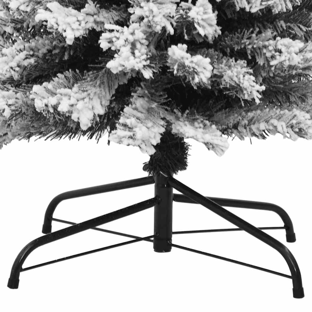6 ft slim green artificial Christmas tree with flocked snow on PVC branches and metal stand.