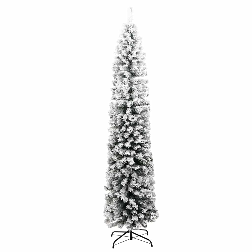 A 7ft slim artificial Christmas tree with green PVC branches and white flocked snow tips on a stand.