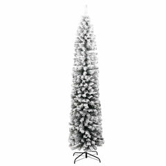 A 7ft slim artificial Christmas tree with green PVC branches and white flocked snow tips on a stand.