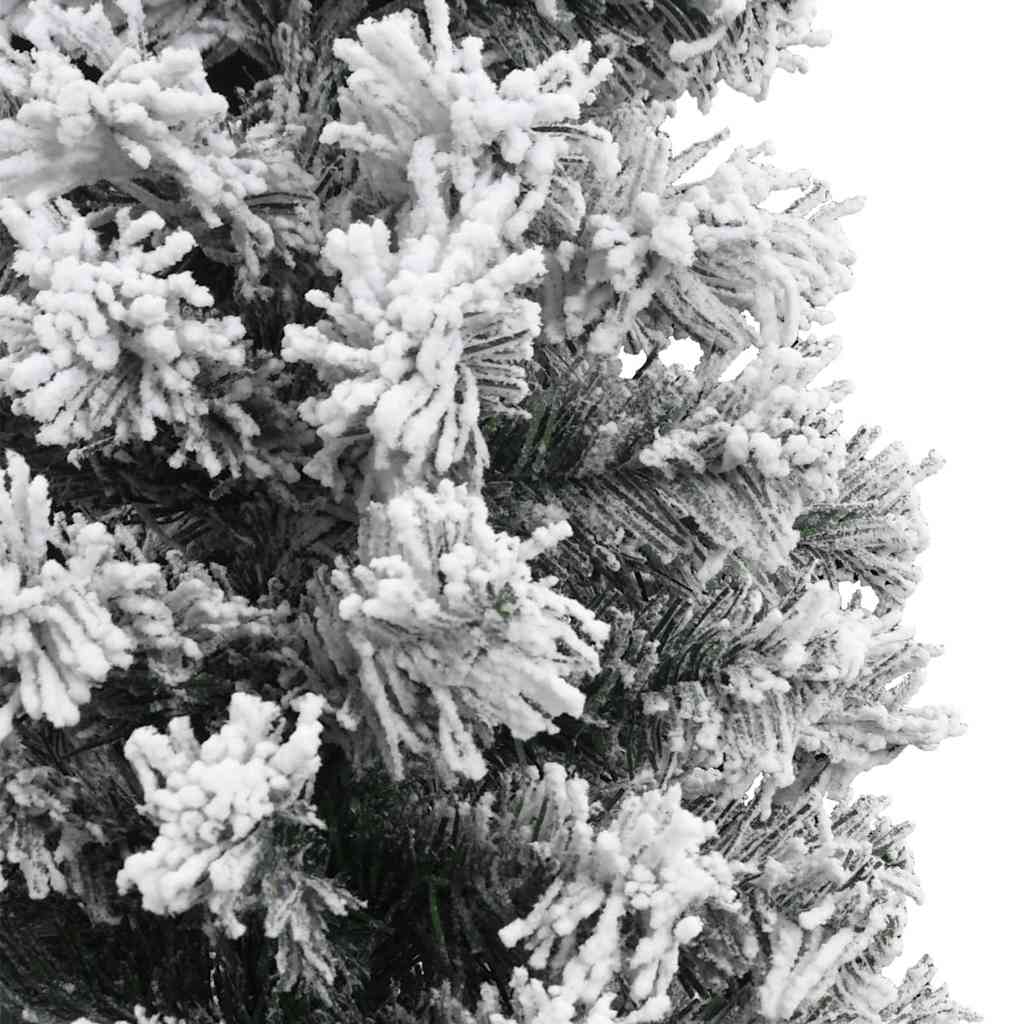 A 7ft slim green PVC artificial Christmas tree with snow-flocked branches.
