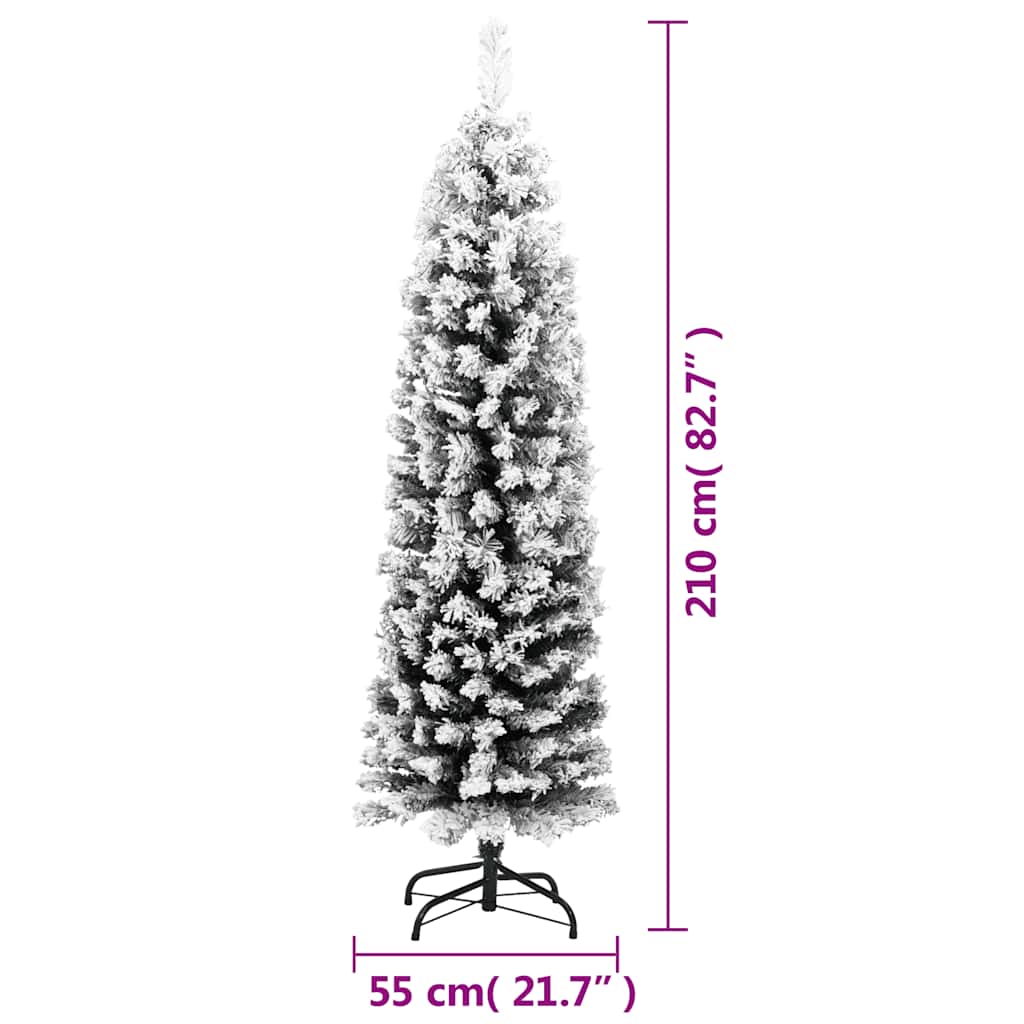 A 7ft slim flocked snow artificial Christmas tree with green PVC branches and a stand, measuring 55cm wide and 212cm tall.