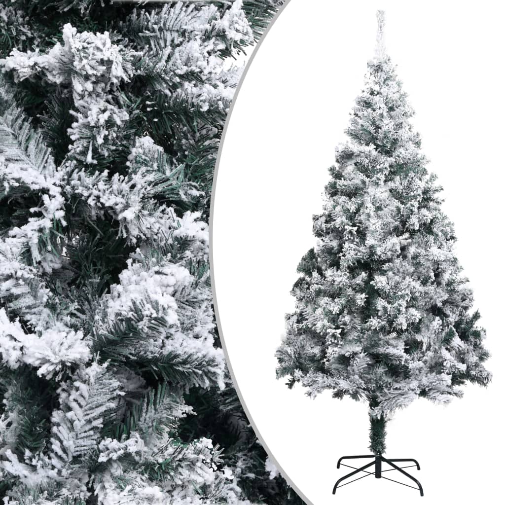 A 7 ft flocked snow green PVC artificial Christmas tree with metal stand.