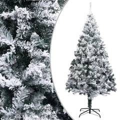 A 7 ft flocked snow green PVC artificial Christmas tree with metal stand.