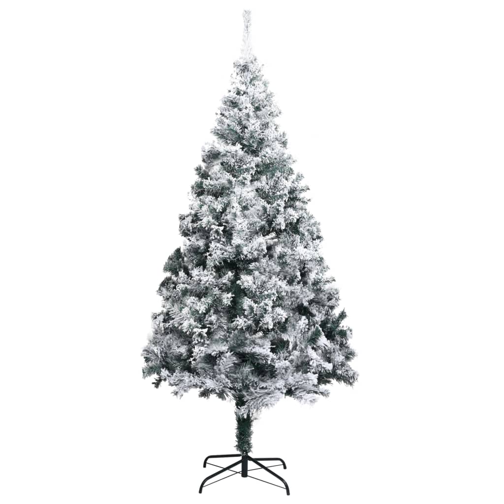 A 7 ft flocked snow green PVC artificial Christmas tree with metal stand.