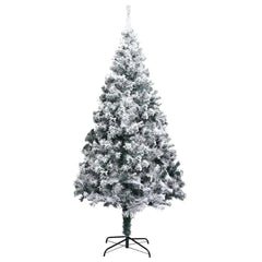 A 7 ft flocked snow green PVC artificial Christmas tree with metal stand.